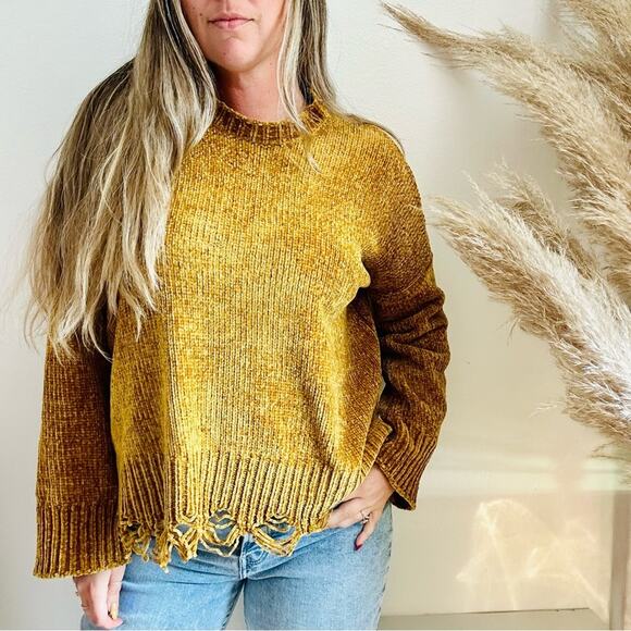 SMYM MUMU Gold Yellow Chenille Knit Oversized Distressed Crop Boxy Sweater XS - Picture 11 of 16